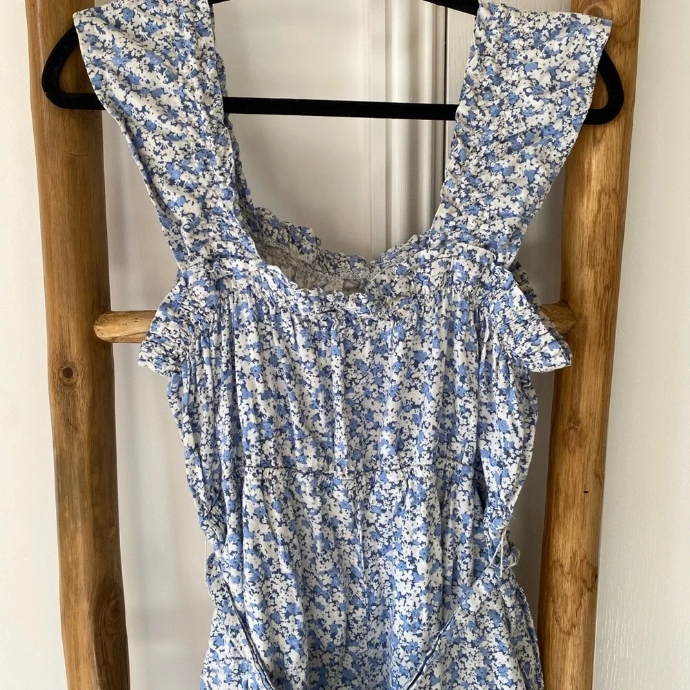 H&M Floral Square-Neck Tie Belt Jumpsuit Linen Blend Sz XL Spring Summer Casual